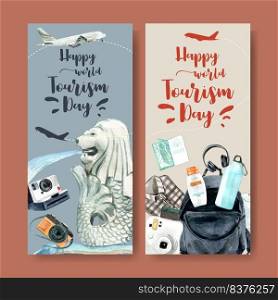 Tourism flyer design with Merlion, backpack, clothes, camera watercolor illustration.