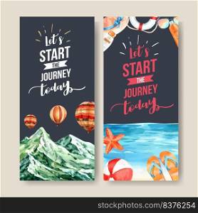 Tourism flyer design with mountain, beach balloon, sea and other watercolor illustration.