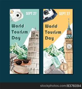 Tourism flyer design with travel equipment, Leaning Tower, Clock Tower watercolor illustration. 