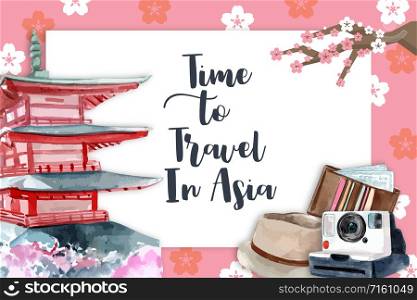 Tourism frame design with Chureito pagoda, sakura, wallet, hat, camera watercolor illustration.