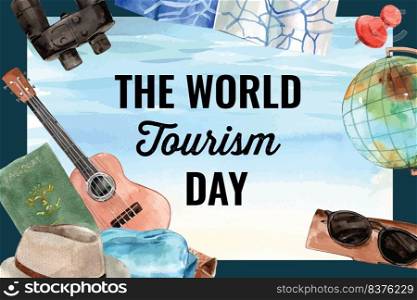 Tourism frame design with guitar, globe, sunglasses, hat, passport watercolor illustration. 