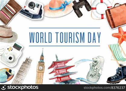 Tourism frame design with landmark of Japan, Singapore, London, Italy watercolor  illustration. 