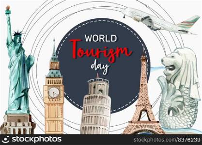 Tourism frame design with landmark of London, Singapore, France, Italy watercolor  illustration. 