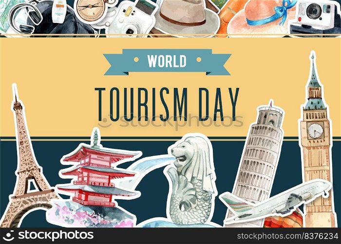 Tourism frame design with landmark of Singapore, Japan, London, France watercolor illustration. 