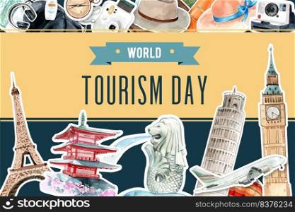 Tourism frame design with landmark of Singapore, Japan, London, France watercolor illustration. 