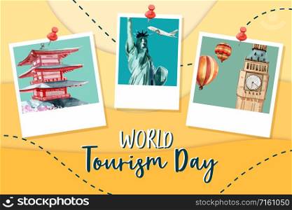 Tourism frame design with pagoda, The Statue of Liberty, Clock Tower watercolor illustration.