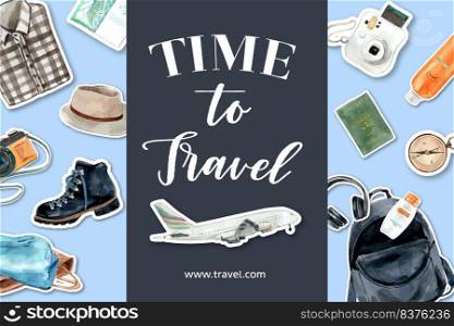 Tourism frame design with plane, camera, backpack, headphone watercolor isolated illustration. 