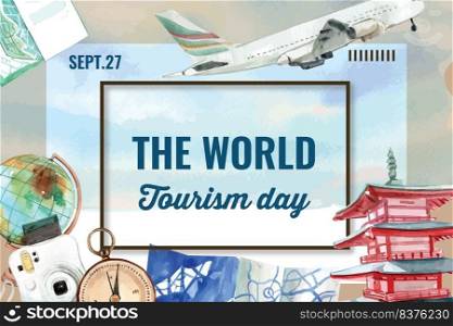 Tourism frame design with plane, globe, camera and Chureito pagoda watercolor  illustration. 