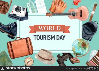 Tourism frame design with travel equipment, globe, camera watercolor  illustration. 