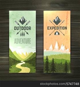 Tourism hiking holidays forest landscape with mountain peaks and two vertical banners set abstract isolated vector illustration
