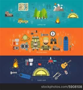 Tourism horizontal banner set with tourist camp elements isolated vector illustration. Tourism Banner Set