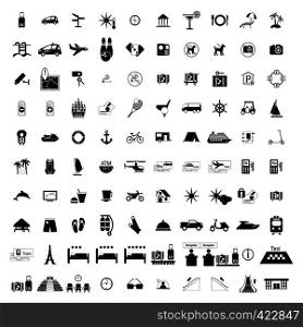 Tourism hotel simple black icons set. 100 symbols isolated on a white background. Tourism hotel simple black icons