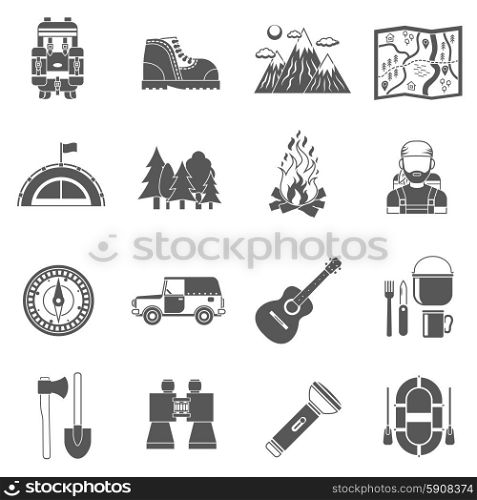 Tourism icons black set with active leisure equipment isolated vector illustration. Tourism Icons Black