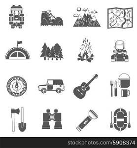 Tourism icons black set with active leisure equipment isolated vector illustration. Tourism Icons Black