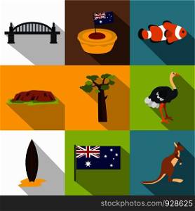 Tourism in Australia icon set. Flat style set of 9 tourism in australia vector icons for web design. Tourism in Australia icon set, flat style