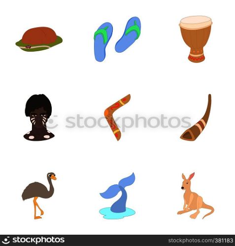 Tourism in Australia icons set. Cartoon illustration of 9 tourism in Australia vector icons for web. Tourism in Australia icons set, cartoon style