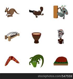 Tourism in Australia icons set. Cartoon illustration of 9 tourism in Australia vector icons for web. Tourism in Australia icons set, cartoon style