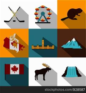 Tourism in Canada icon set. Flat style set of 9 tourism in Canada vector icons for web design. Tourism in Canada icon set, flat style