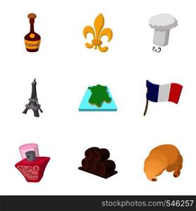 Tourism in France icons set. Cartoon illustration of 9 tourism in France vector icons for web. Tourism in France icons set, cartoon style