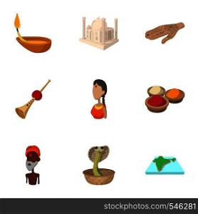 Tourism in India icons set. Cartoon illustration of 9 tourism in India vector icons for web. Tourism in India icons set, cartoon style
