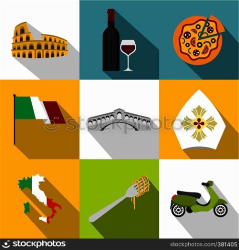 Tourism in Italy icons set. Flat illustration of 9 tourism in Italy vector icons for web. Tourism in Italy icons set, flat style