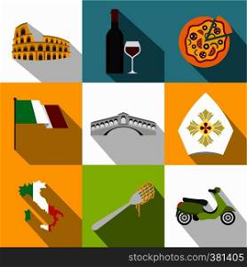 Tourism in Italy icons set. Flat illustration of 9 tourism in Italy vector icons for web. Tourism in Italy icons set, flat style