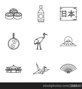 Tourism in Japan icons set. Outline illustration of 9 tourism in Japan vector icons for web. Tourism in Japan icons set, outline style