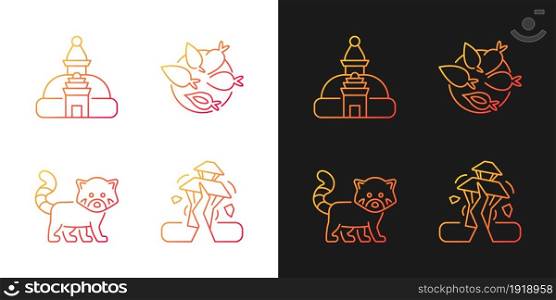 Tourism in Nepal gradient icons set for dark and light mode. Swayambhu stupa. Nepalese cuisine. Thin line contour symbols bundle. Isolated vector outline illustrations collection on black and white. Tourism in Nepal gradient icons set for dark and light mode