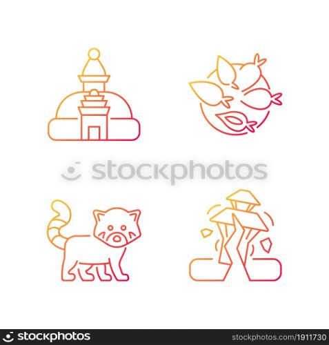 Tourism in Nepal gradient linear vector icons set. Swayambhu stupa. Nepalese cuisine. Red panda. Yomari dish. Thin line contour symbols bundle. Isolated outline illustrations collection. Tourism in Nepal gradient linear vector icons set