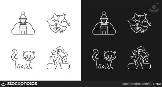 Tourism in Nepal linear icons set for dark and light mode. Swayambhu stupa. Nepalese cuisine. Red panda. Customizable thin line symbols. Isolated vector outline illustrations. Editable stroke. Tourism in Nepal linear icons set for dark and light mode