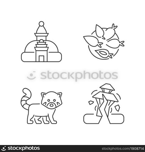 Tourism in Nepal linear icons set. Swayambhu stupa. Nepalese cuisine. Red panda. Yomari dish. Customizable thin line contour symbols. Isolated vector outline illustrations. Editable stroke. Tourism in Nepal linear icons set