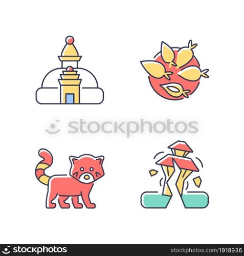 Tourism in Nepal RGB color icons set. Swayambhu stupa. Nepalese cuisine. Red panda. Earthquake risk. Monkey temple. Yomari dish. Isolated vector illustrations. Simple filled line drawings collection. Tourism in Nepal RGB color icons set