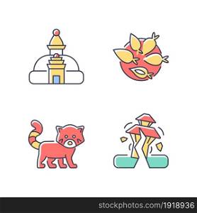 Tourism in Nepal RGB color icons set. Swayambhu stupa. Nepalese cuisine. Red panda. Earthquake risk. Monkey temple. Yomari dish. Isolated vector illustrations. Simple filled line drawings collection. Tourism in Nepal RGB color icons set