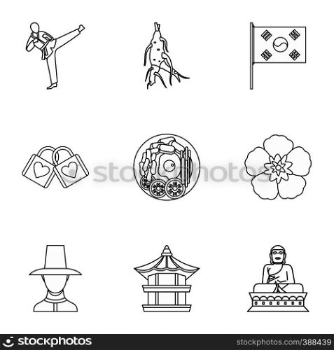Tourism in South Korea icons set. Outline illustration of 9 tourism in South Korea vector icons for web. Tourism in South Korea icons set, outline style