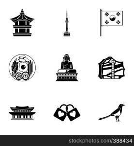 Tourism in South Korea icons set. Simple illustration of 9 tourism in South Korea vector icons for web. Tourism in South Korea icons set, simple style