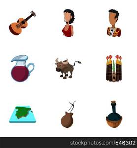 Tourism in Spain icons set. Cartoon illustration of 9 tourism in Spain vector icons for web. Tourism in Spain icons set, cartoon style