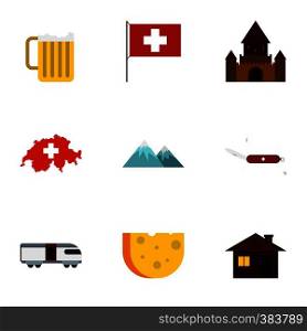 Tourism in Switzerland icons set. Flat illustration of 9 tourism in Switzerland vector icons for web. Tourism in Switzerland icons set, flat style
