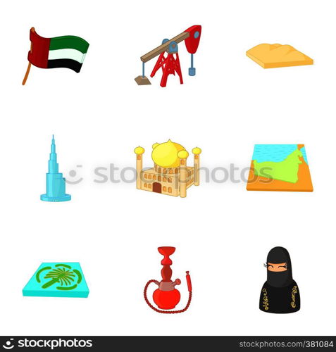 Tourism in UAE icons set. Cartoon illustration of 9 tourism in UAE vector icons for web. Tourism in UAE icons set, cartoon style
