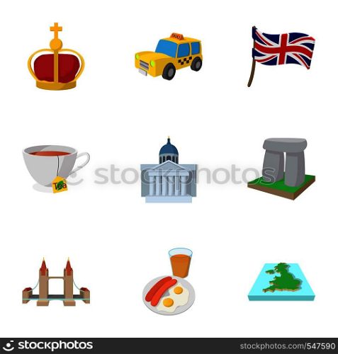 Tourism in United Kingdom icons set. Cartoon illustration of 9 tourism in United Kingdom vector icons for web. Tourism in United Kingdom icons set, cartoon style