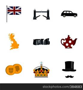Tourism in United Kingdom icons set. Flat illustration of 9 tourism in United Kingdom vector icons for web. Tourism in United Kingdom icons set, flat style