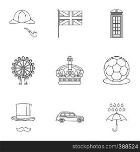 Tourism in United Kingdom icons set. Outline illustration of 9 tourism in United Kingdom vector icons for web. Tourism in United Kingdom icons set, outline style