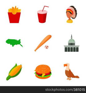 Tourism in USA icons set. Cartoon illustration of 9 tourism in USA vector icons for web. Tourism in USA icons set, cartoon style