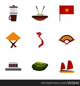 Tourism in Vietnam icons set. Flat illustration of 9 tourism in Vietnam vector icons for web. Tourism in Vietnam icons set, flat style
