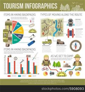 Tourism infographics set with hiking equipment symbols and charts vector illustration. Tourism Infographics Set