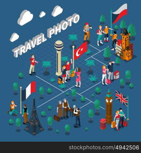 Tourism People Isometric Composition. Tourism people isometric composition with travelers family photographing near different famous sights vector illustration