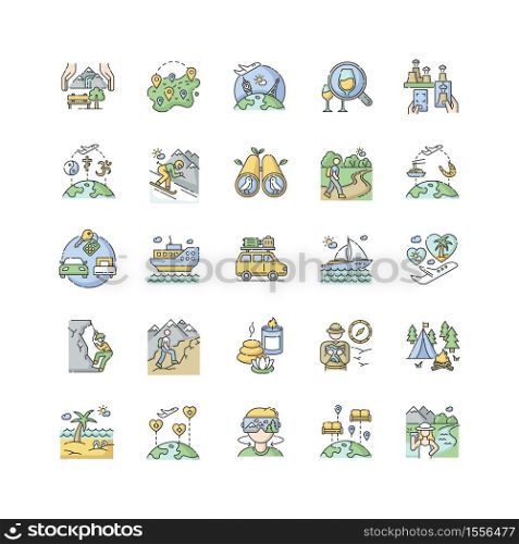 Tourism RGB color icons set. Holiday travel, vacation trip. Tour agency service. Different types of recreation and tourist activities. Isolated vector illustrations. Tourism RGB color icons set