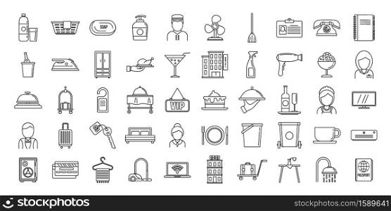 Tourism room service icons set. Outline set of tourism room service vector icons for web design isolated on white background. Tourism room service icons set, outline style