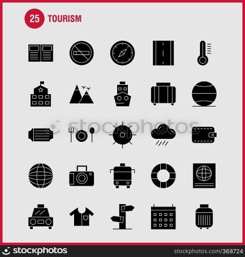 Tourism Solid Glyph Icon Pack For Designers And Developers. Icons Of Temperature, Thermometer, Weather, No Smoking, Tourism, Travel, Smoking, Vector