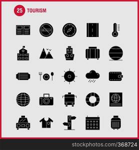 Tourism Solid Glyph Icon Pack For Designers And Developers. Icons Of Temperature, Thermometer, Weather, No Smoking, Tourism, Travel, Smoking, Vector