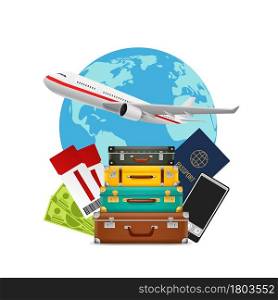 Tourism. Suitcase pile, plane and world map. Foreign passport, camera and tickets, journey and holiday trip poster, realistic elements international journey vector isolated on white background concept. Tourism. Suitcase pile, plane and world map. Foreign passport, camera and tickets, journey and holiday trip poster, realistic elements international journey vector isolated concept